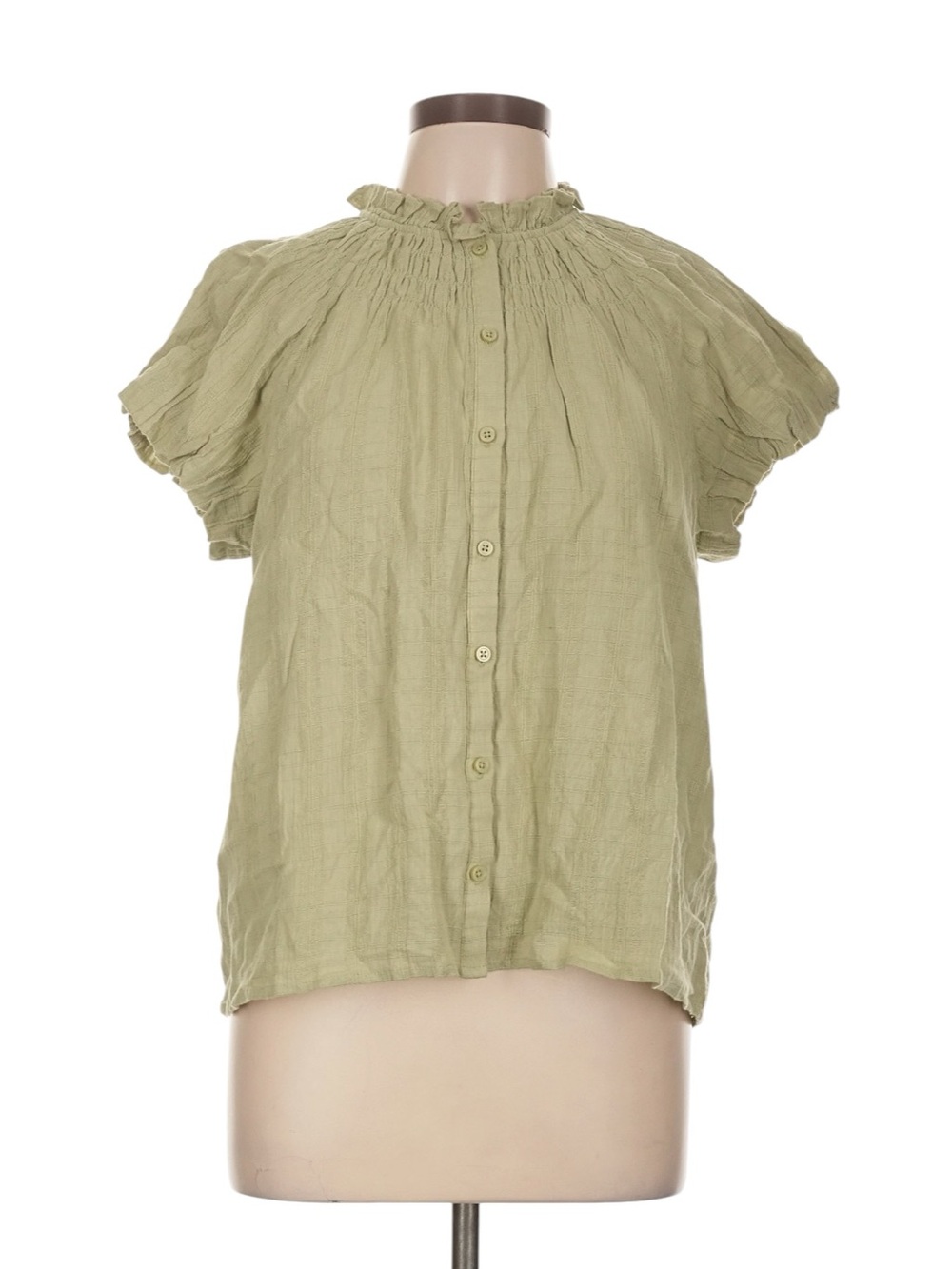 J. Crew Smocked Neck Top in Textured Gauze Size Large Light Olive Ruffles NWT